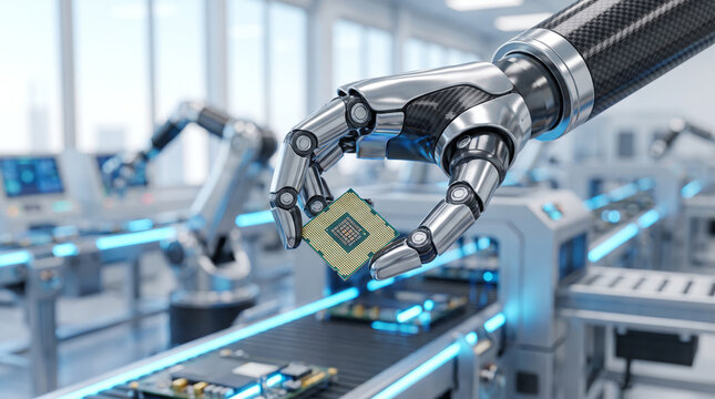 Close-up of a modern industrial robotic arm gripper holding a gold pin grid array microprocessor CPU chip in a high-tech semiconductor manufacturing clean room
