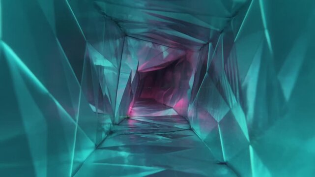 Green light trails rush forward into a translucent turquoise geometric tunnel