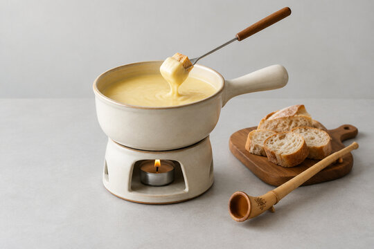 Ceramic cheese fondue pot with melted cheese, bread and carved alphorn, cozy dining concept