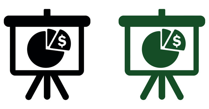 Financial presentation icon showing pie chart with dollar sign on projector screen graphic symbol.
