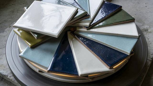 Rotating turntable pushing glazed tiles into overlapping pile on concrete bench, warm LED rim
