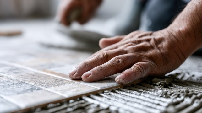 Close-up on a construction worker's hands carefully laying down tiles on a floor. The worker uses a trowel to spread cement, demonstrating precision and craftsmanship in the renovation process
