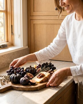 Smiling woman arranging grape and fig cheese board with mini pumpkins in bright kitchen