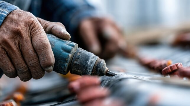 Close-up of a person's hands using a power drill to work on a project. The drill is blue and grey, and the hands appear weathered.