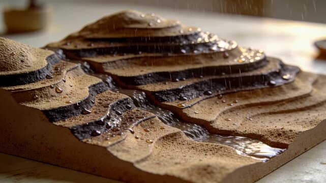 Spraying water from nozzle making thin streaks on carved relief board on worktop, showing runoff
