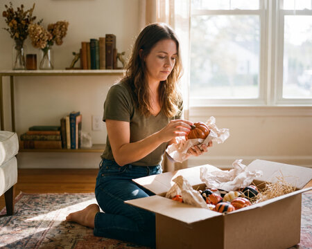 Woman unwrapping mini painted pumpkin ornaments from delivery box in sunlit living room