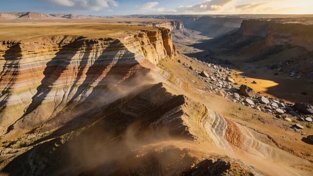 Approaching drone revealing striped sandstone ridge, gusty wind lifting dust veils to expose strata