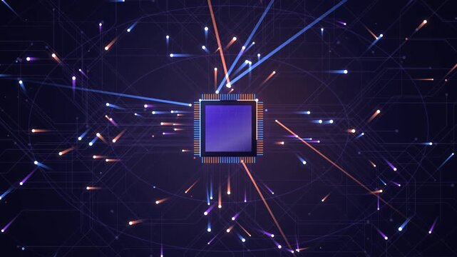 Glowing CPU microprocessor chip on a circuit board with futuristic light trails on dark background