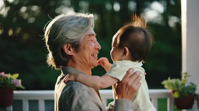 Lifting gray-shirt man bringing infant reaching mouth fussing, cradling soothing calming porch rail