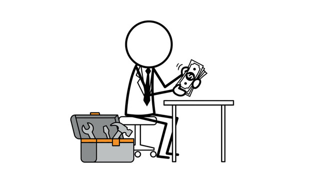 Businessman counting money next to toolbox at desk.