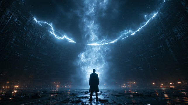 Silhouette of Man Facing Massive Lightning Energy Surge