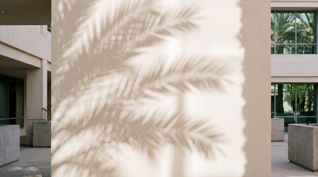 Palm Leaf Shadow on Sunlit Architectural Wall Background