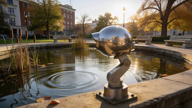 Following splash, steel spotlight catching sun glints at park while ripples spreading, copy space