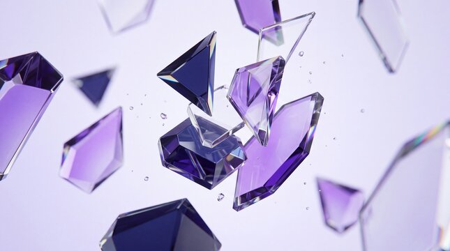 Shattered Purple Crystal Gemstone Shards Floating in 3D Space