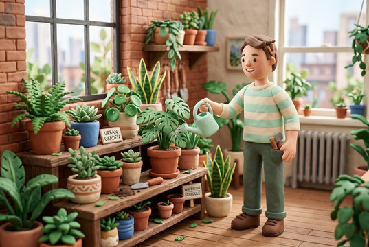 Claymation Man Watering Indoor Plants in Urban Garden