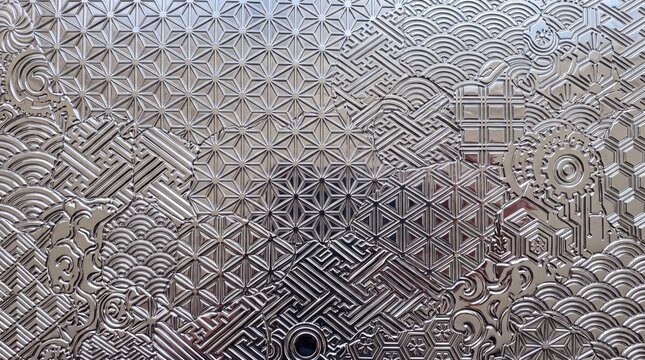 Japanese Geometric Patterns Embossed on Polished Metal Surface