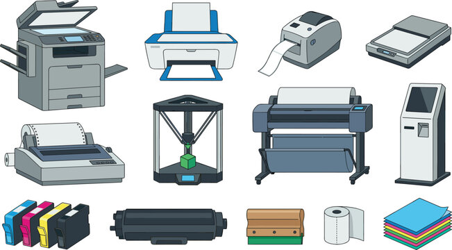 Office Printers and Copiers Set with Ink Cartridges, Paper Rolls