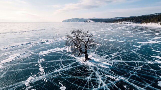 Solitary Tree on Frozen Cracked Lake Ice in Winter