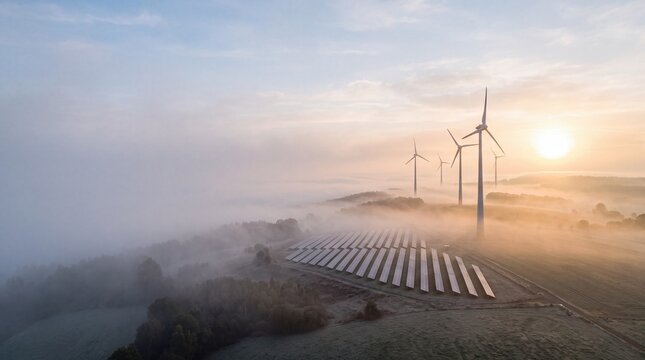 Solar Panels and Wind Turbines in Morning Fog at Sunrise