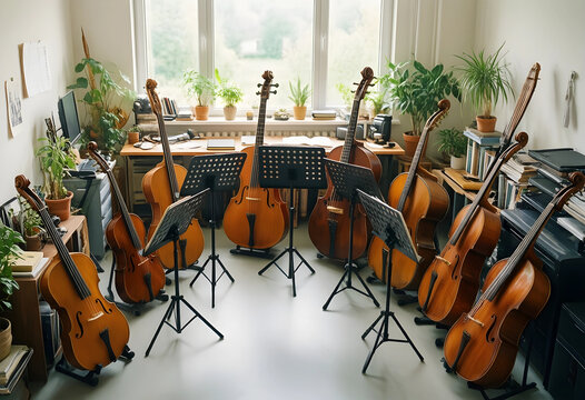 Music education and orchestra rehearsal, group of string instruments with music stands in a sunlit home studio for classical music practice and training