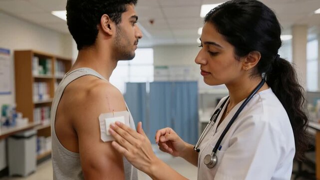 Pointing clinician wearing white coat adjusting patch on man left arm at clinic, securing patch