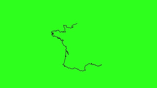 Animated outline map of france on green screen background, animation contour