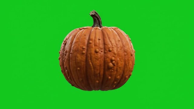 3D rotating scary jack o lantern pumpkin on solid green screen #00FF00. Angry carved face with glowing fire eyes and sharp teeth. Pumpkin rotates 360 degrees showing detailed texture. Perfect for hall