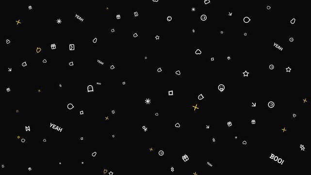 Doodle Icons and Animated Retro Symbols Floating on Black Background for Playful Video Overlay Effect