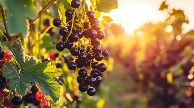 Ripe Blackcurrant Berries on Branch in Garden With Sunlight and Green Leaves