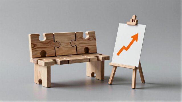 Wooden puzzle bench beside easel with upward-trending arrow graph.