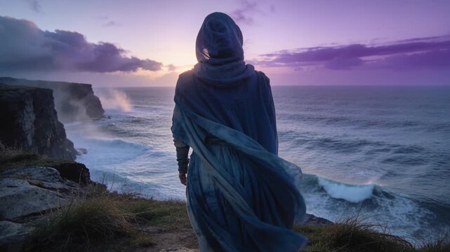 Standing lone woman turning toward sea, watching sunset on cliff edge, wind lifting hooded cloak