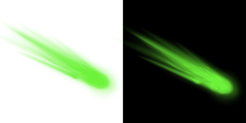 Png of green comet or meteor trail with glowing light streaks, cosmic falling star effect on black and transparent backgrounds © BasharCreates