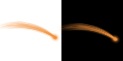 Png of abstract orange light streak with a glowing head, dynamic motion trail effect on a split white and black background isolated on transparent background © BasharCreates