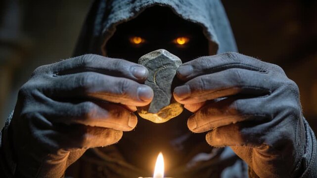 Lit candle drawing hooded figure in robe and gloves, rotating token above flame, examining marks