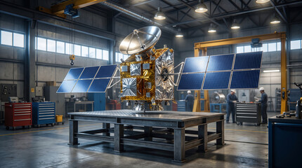 Fototapeta premium Large communications satellite covered in gold thermal foil with large gold antenna dish and deployed solar panels suspended by overhead crane in bright aerospace clean room factory