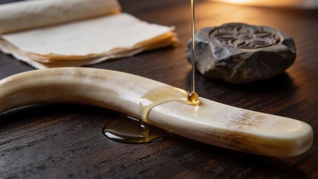 Pouring amber liquid from above onto curved bone on tabletop, forming glossy bead, papers and seal