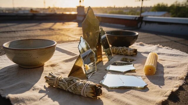 Shifting broken mirror shards reflecting sun lowering on rooftop, camera angling showing wax candle
