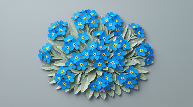 Vibrant paper craft forget me not flowers arrangement set against a soft neutral gray background