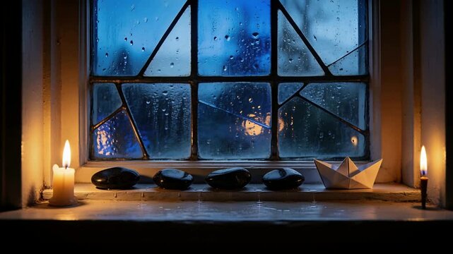 Flickering candle lighting sill stones and paper boat, raindrops catching, second candle lighting