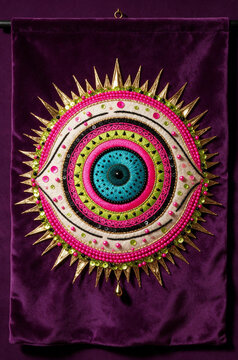 Vertical embroidered eye talisman on dark purple velvet. Colorful textile art with beads, sequins, and gold sunburst rays. Protective amulet concept