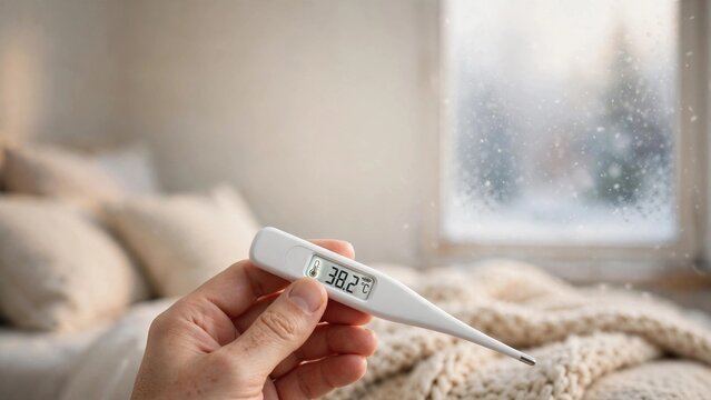 Hand holding digital clinical thermometer showing fever reading near winter window