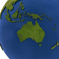 Detailed 3D render of Australia and Oceania on a blue globe, featuring raised green landforms, island geography, textured surfaces, and realistic ocean detail. © Umm Hamzah