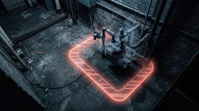 a gas leak or pipe failure with steam in a dark basement surrounded by a glowing orange warning border.