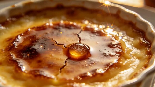 Lighting ramekin creme brulee by warm upper right light revealing sugar droplet and star flares