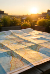 Obraz premium Travel planning and adventure concept, paper map on a wooden table at sunset with city skyline background for vacation inspiration and wanderlust
