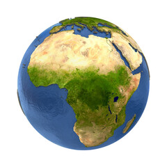 Realistic 3D render of Africa on a globe, showing the Sahara Desert, lush central regions, surrounding oceans, detailed terrain, coastlines, and geographic features. © Umm Hamzah