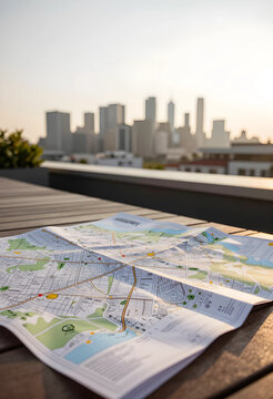 Travel planning and urban exploration, paper map on a wooden table with blurred city skyline background at sunset for tourism and navigation concepts