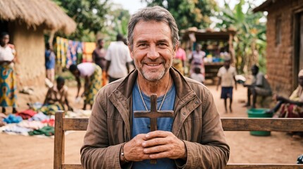 Fototapeta premium Smiling man in rural outdoor setting with relaxed pose