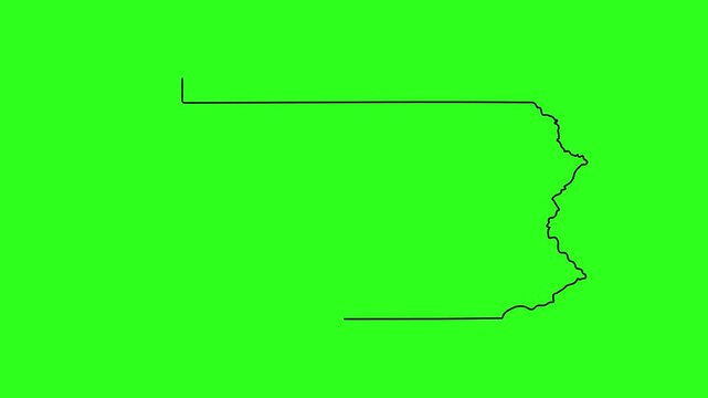 Pennsylvania state map outline animation on green screen, minimalist black line of pa state border