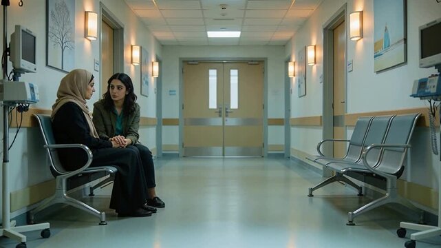 Holding hands, two women after concern sharing comfort in hospital corridor, hijab bench